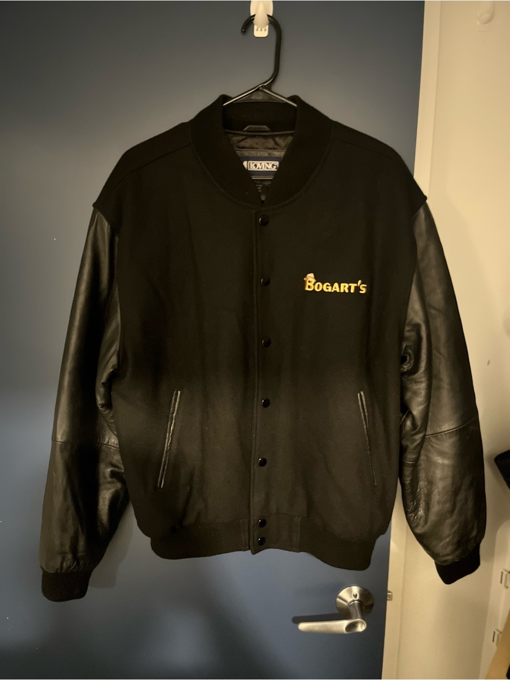 Black Leather-Sleeve Bomber Jacket